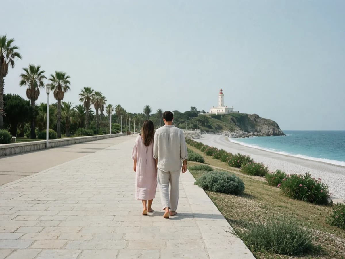 A couple on the seafront promenade at Albir toward the lighthouse headland