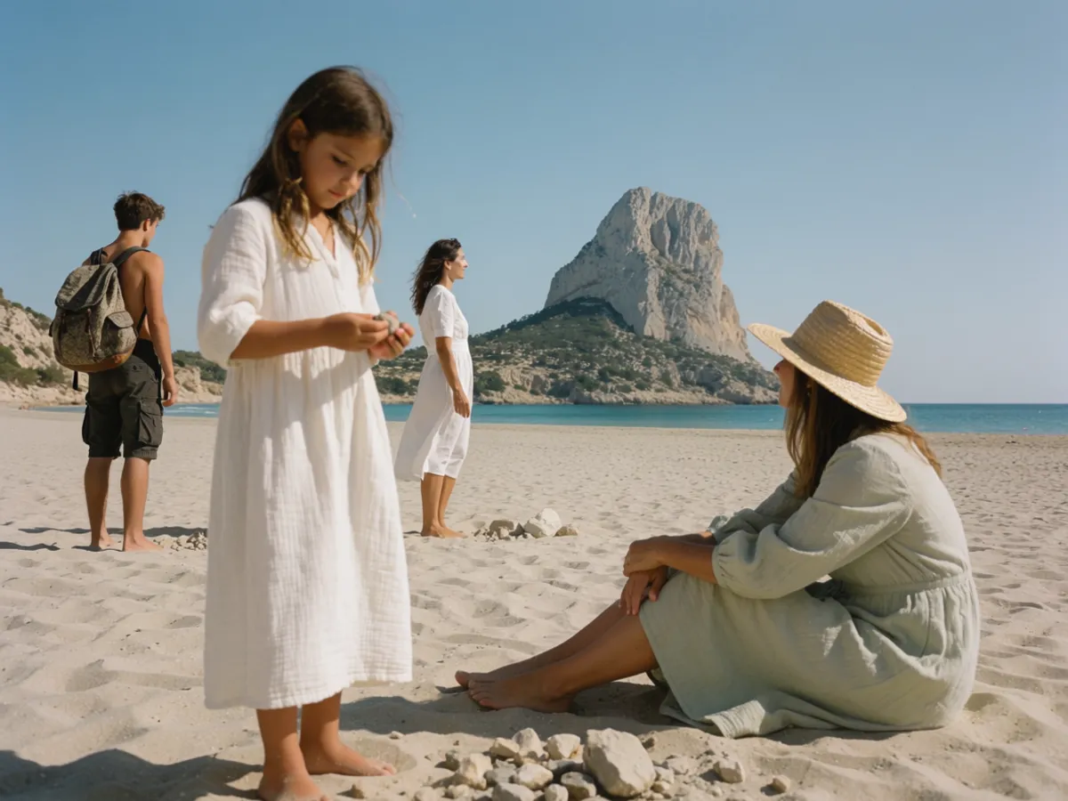 A family on the beach at Calpe below the Peñón de Ifach