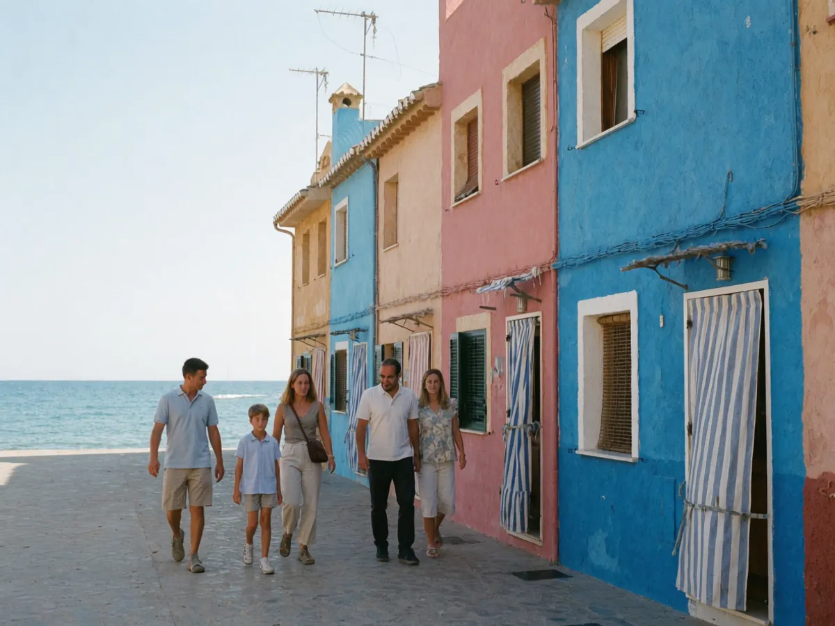 A family walking past the brightly painted seafront houses of Villajoyosa