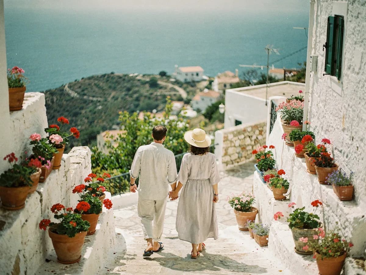 A couple walking a flower-filled village lane beside a local host
