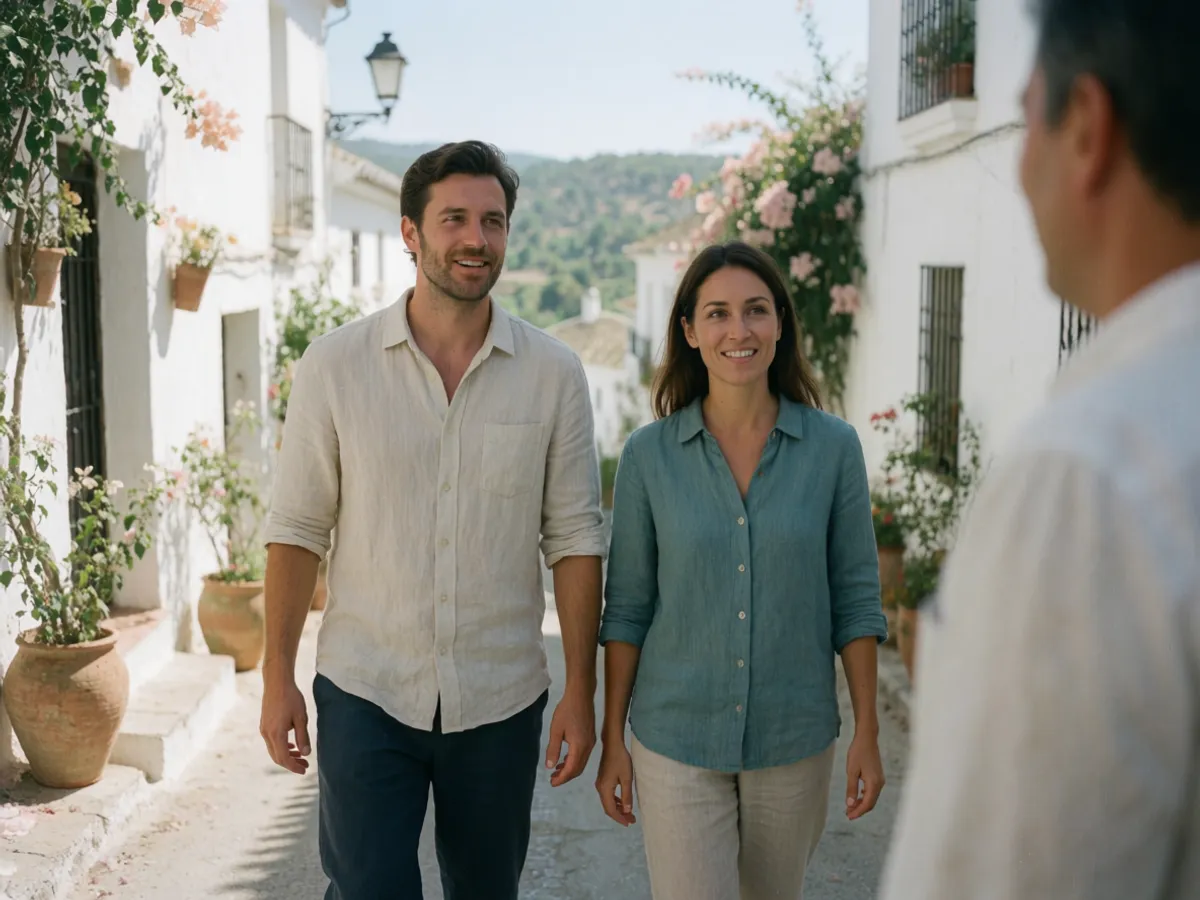 A couple discovering a flower-filled whitewashed Andalusian lane with a local host