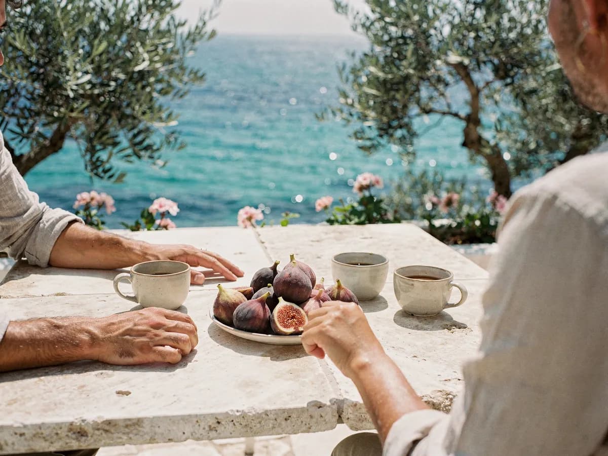 A child reaching for a fig at a terrace table with coffee cups