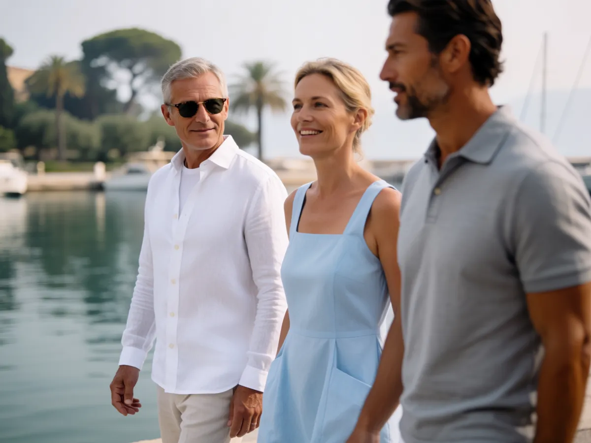 A couple talking with a local host beside a quiet Mediterranean marina
