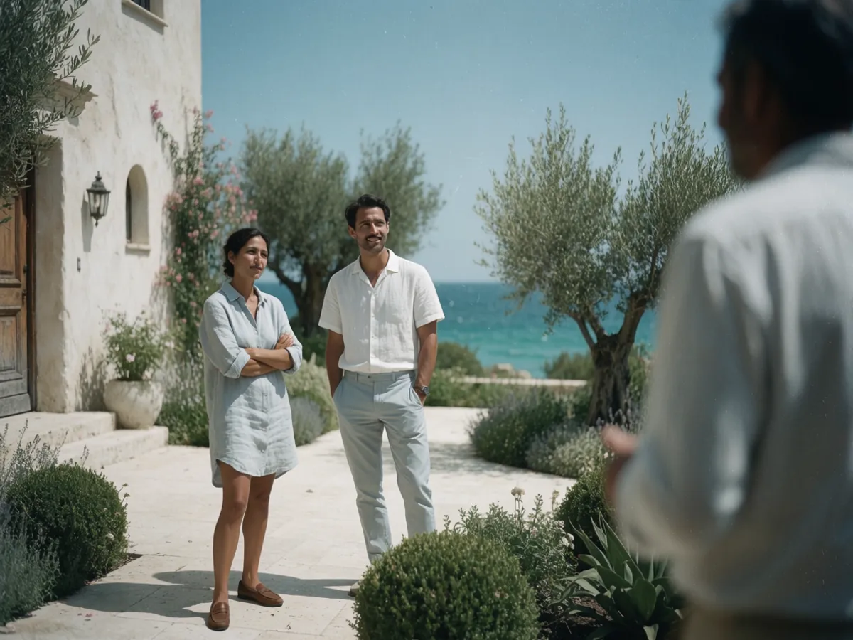 A couple taking in the view from the garden of a coastal villa with a local host