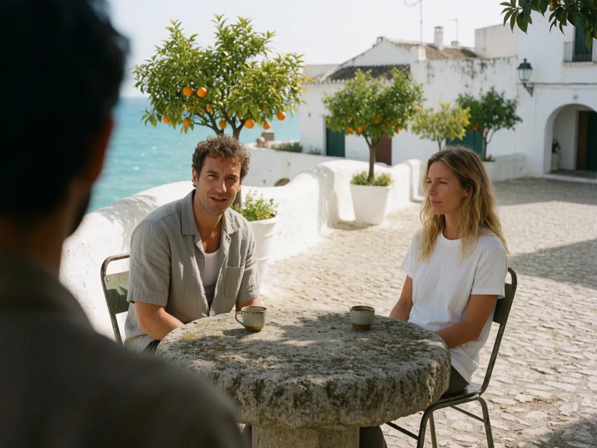 A couple in easy conversation at a shaded café table on a whitewashed old-town plaza