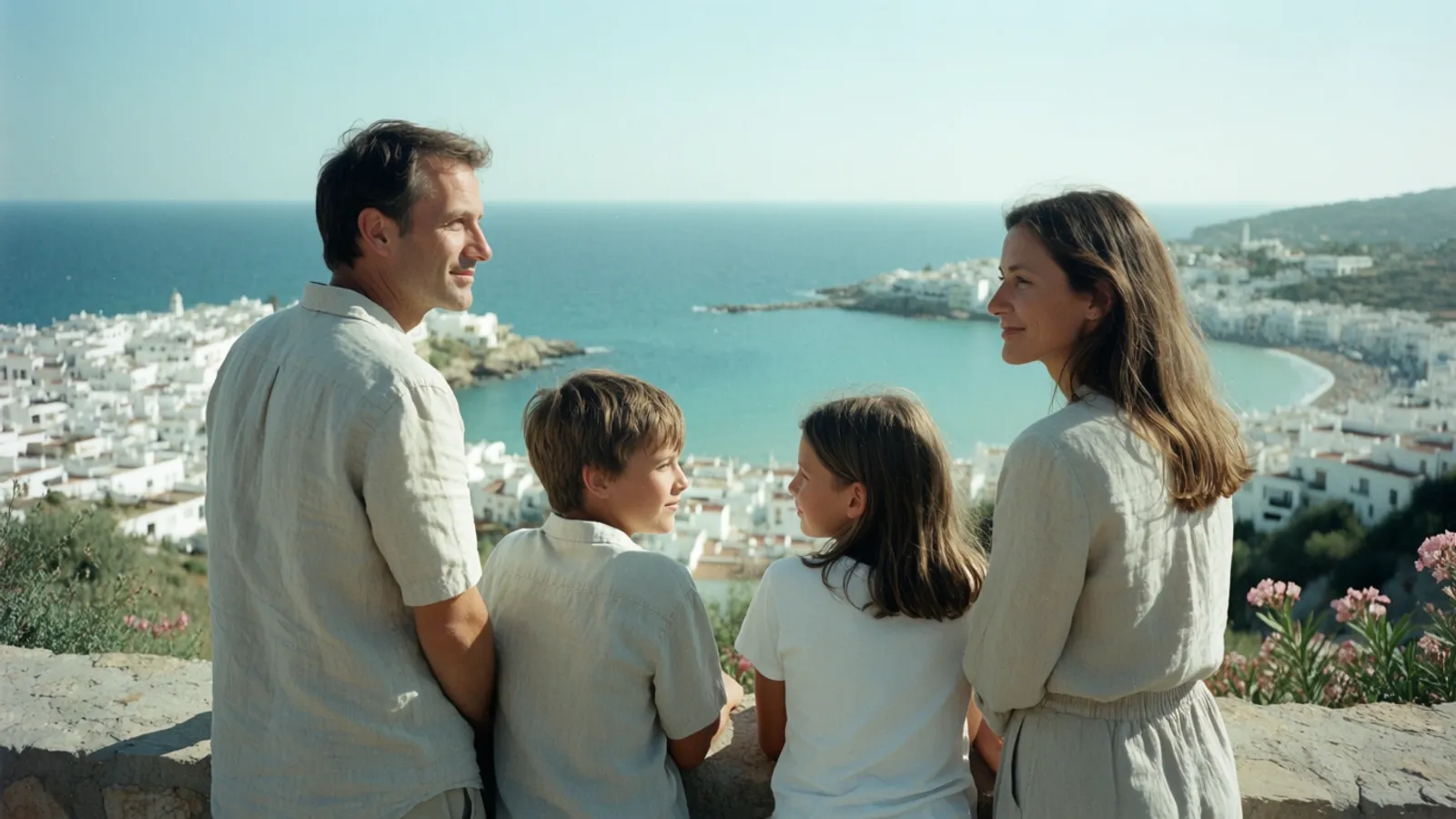 A family taking in a whitewashed Costa Blanca town from a coastal viewpoint