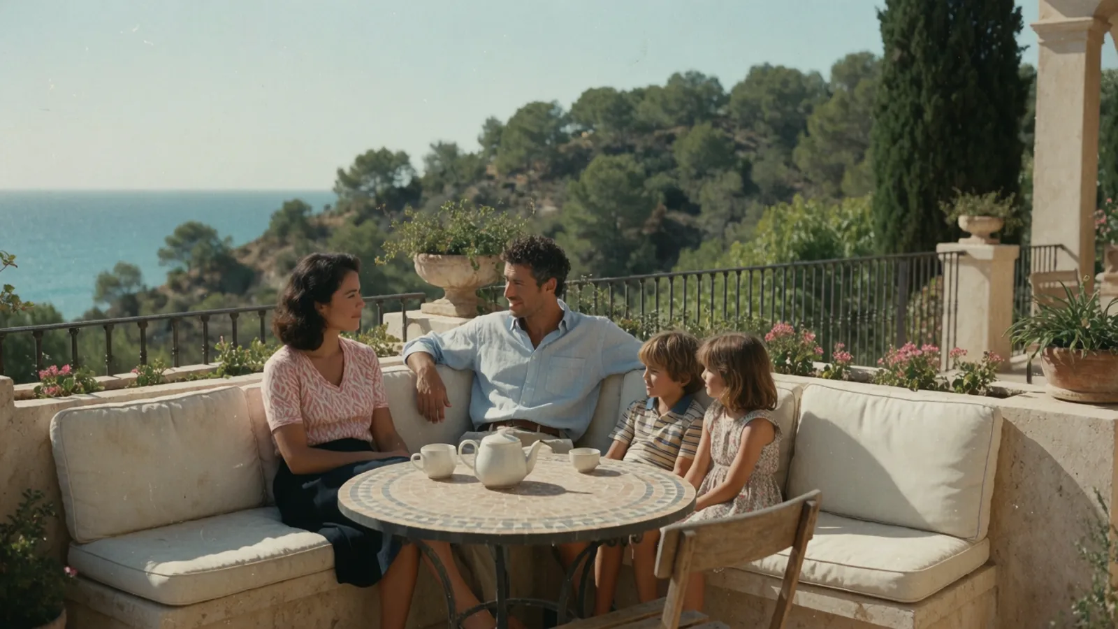 A family relaxing together on a broad villa terrace overlooking the sea