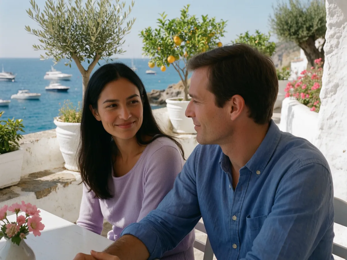 Et par deler et roligt øjeblik på en skyggefuld terrasse over Middelhavet