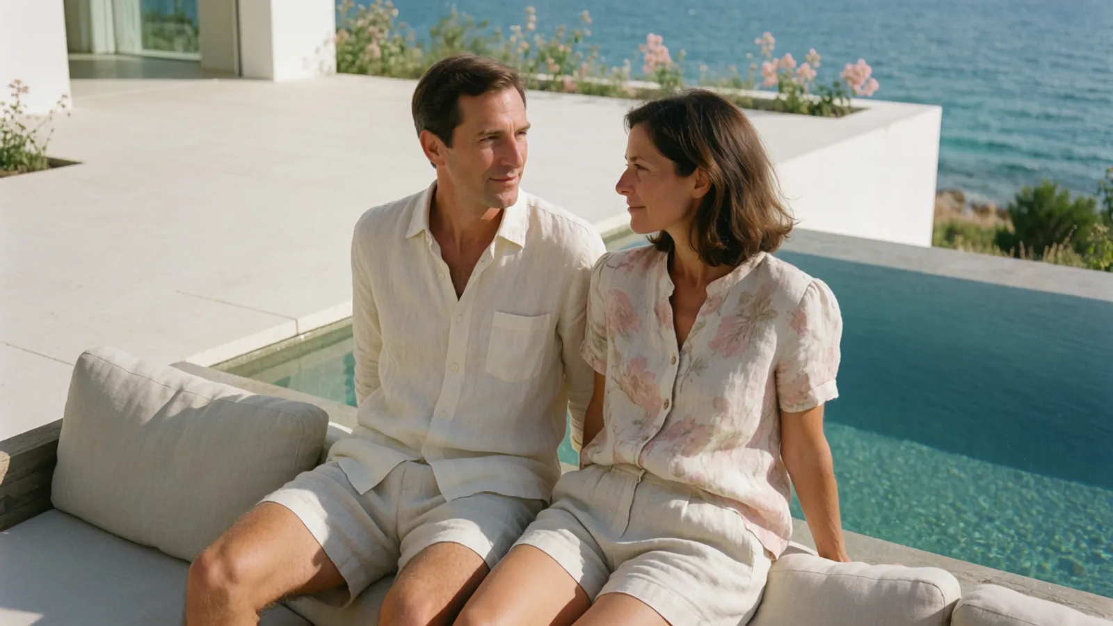 A couple relaxing on the terrace of a modern Costa del Sol home