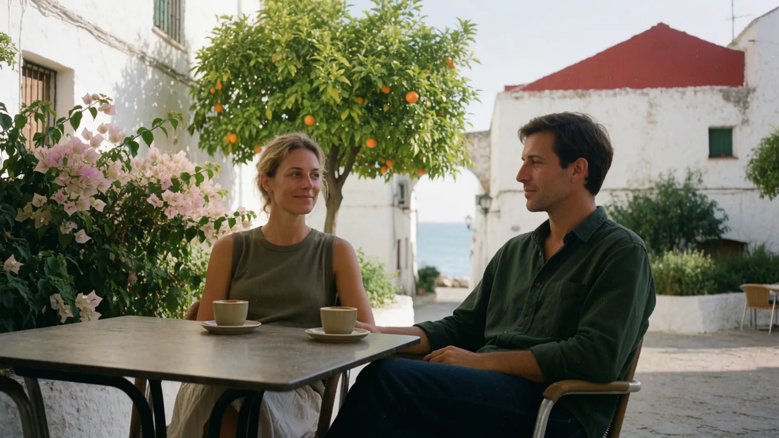 A couple relaxing at a shaded old-town café on the Costa Blanca