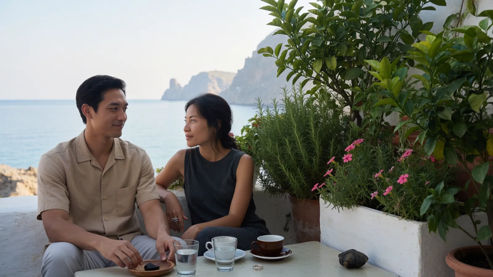 A couple enjoying a slow morning on their planted sea-view terrace