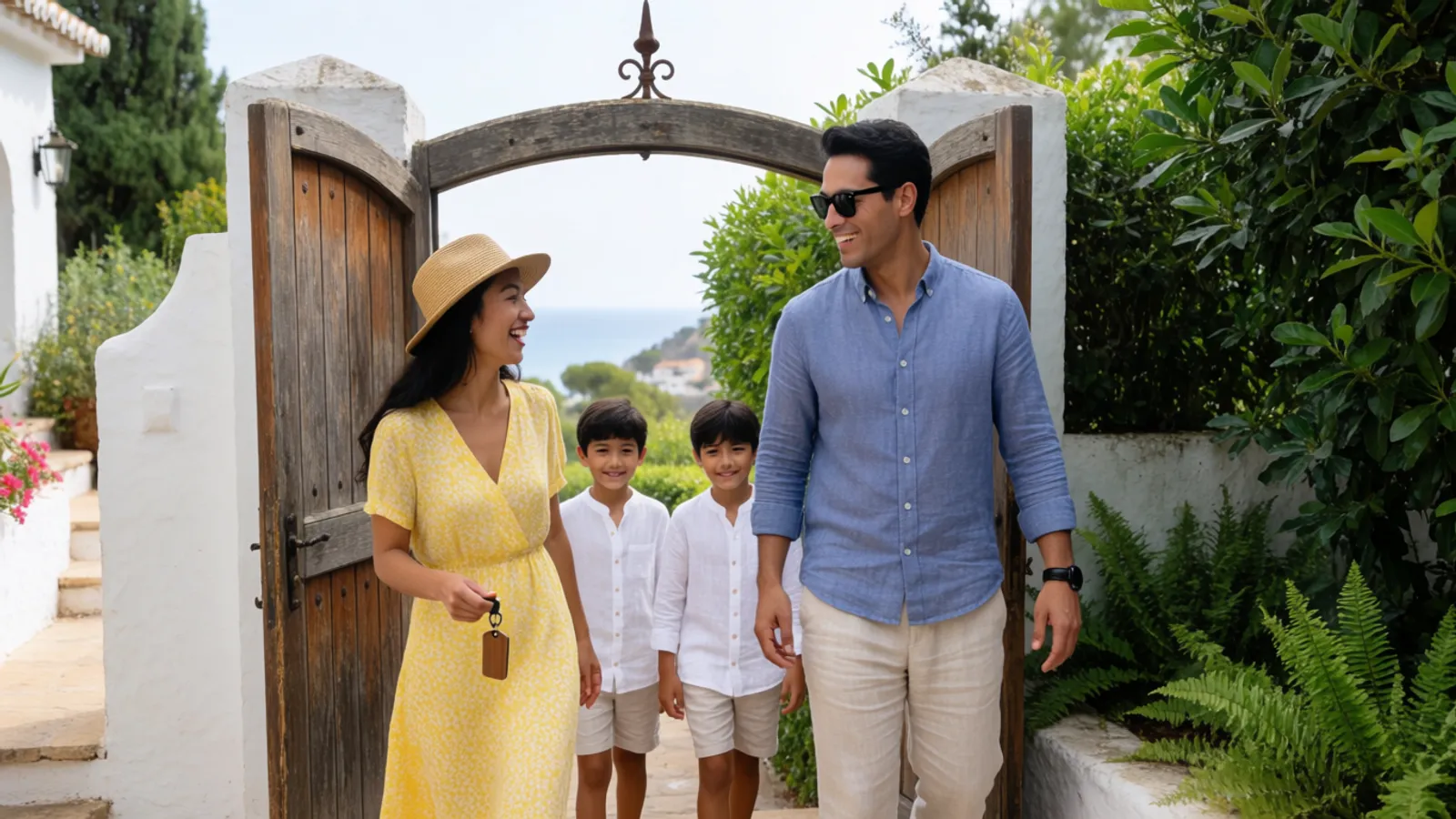 A family arriving through the gate of a whitewashed villa on the Costa del Sol
