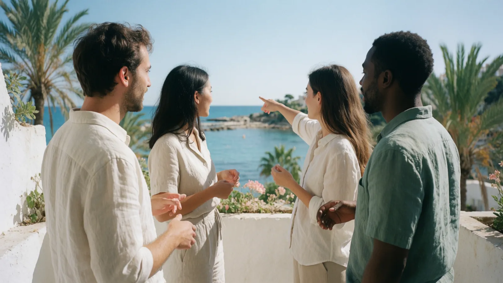 Friends arriving together at a bright coastal apartment on the Costa Blanca