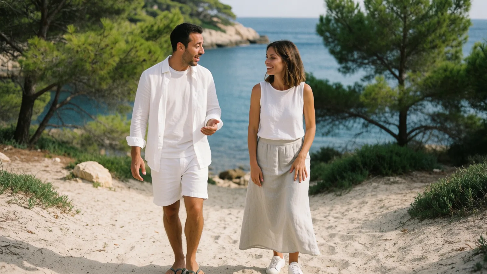 A couple walking an unhurried coastal path above the Mediterranean