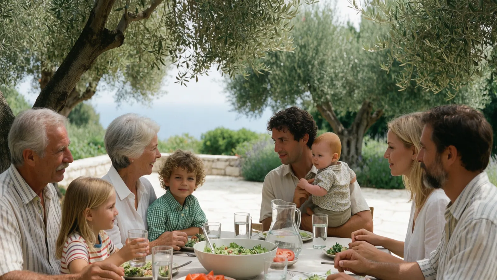 Three generations sharing a long lunch beneath olive trees in southern Spain