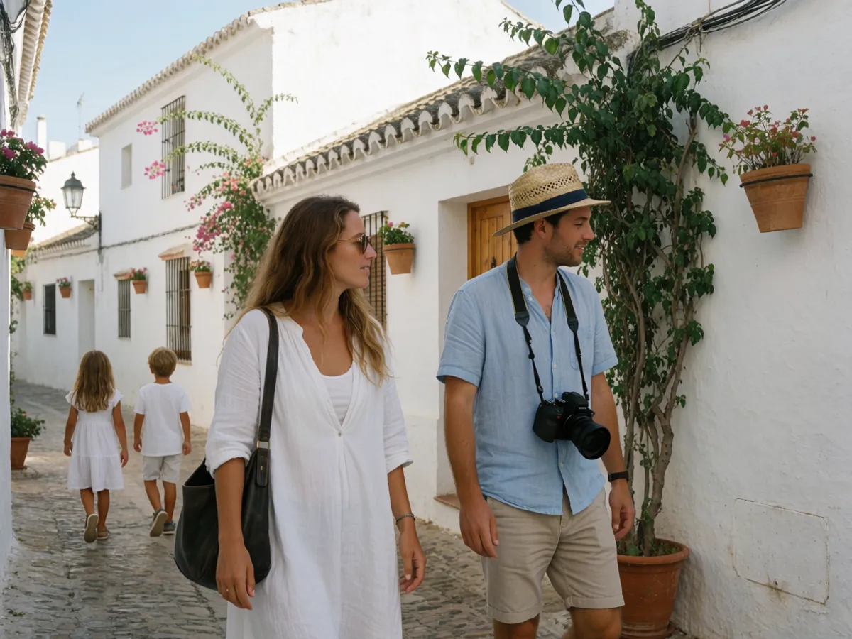 En familj som promenerar på en vitkalkad gata i gamla stan i Estepona på Costa del Sol