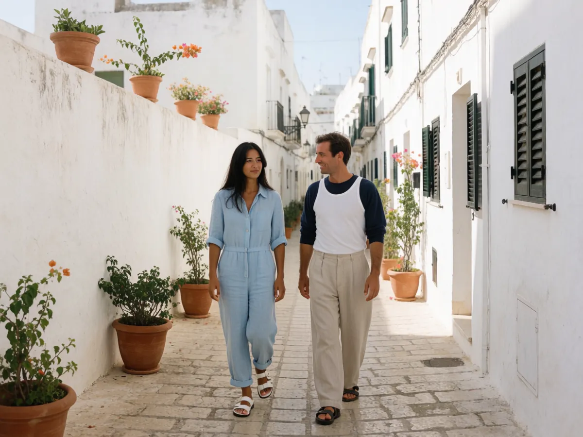 A couple getting to know a whitewashed old-town neighbourhood on the Costa del Sol